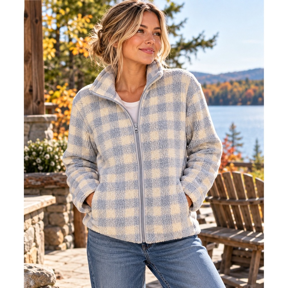 Lands' End Women's XL 18 Light Blue Cream Plaid Fleece Full Zip Jacket Cozy